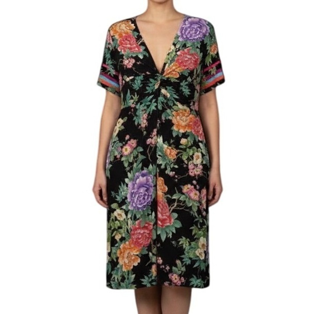 JOHNNY WAS The Janie Favorite Twist Front Midi Dress Black Floral Print XS Retro